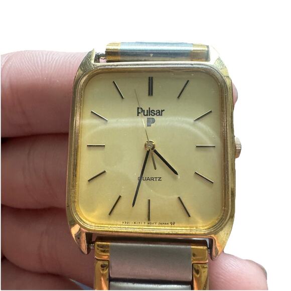Vintage Pulsar Gold Tone Rectangular Watch Quartz NEW BATTERY Two Tone Bracelet main image 8